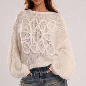 White Casual Women Loose Lantern Sleeve Cropped Sweater